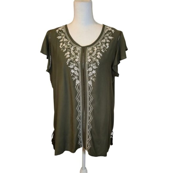 Time & Tru Embroidered Top Women Size L Green Bohemian Preppy Peasant - Picture 1 of 8